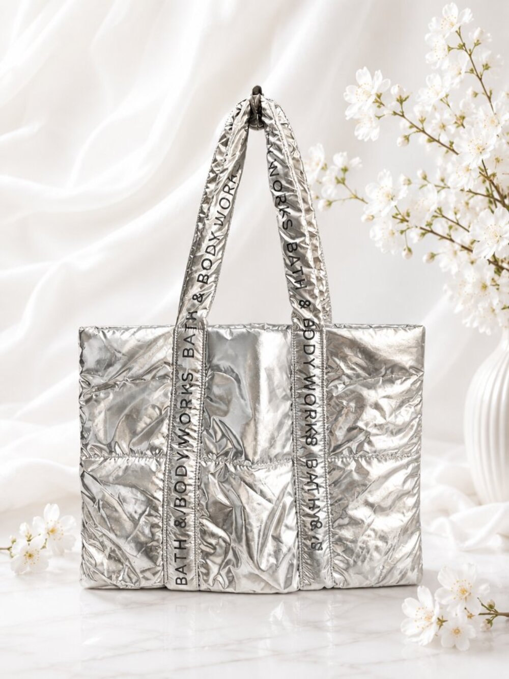 Bath Body Works Silver Puffer Tote Metallic Quilted Shoulder Bag